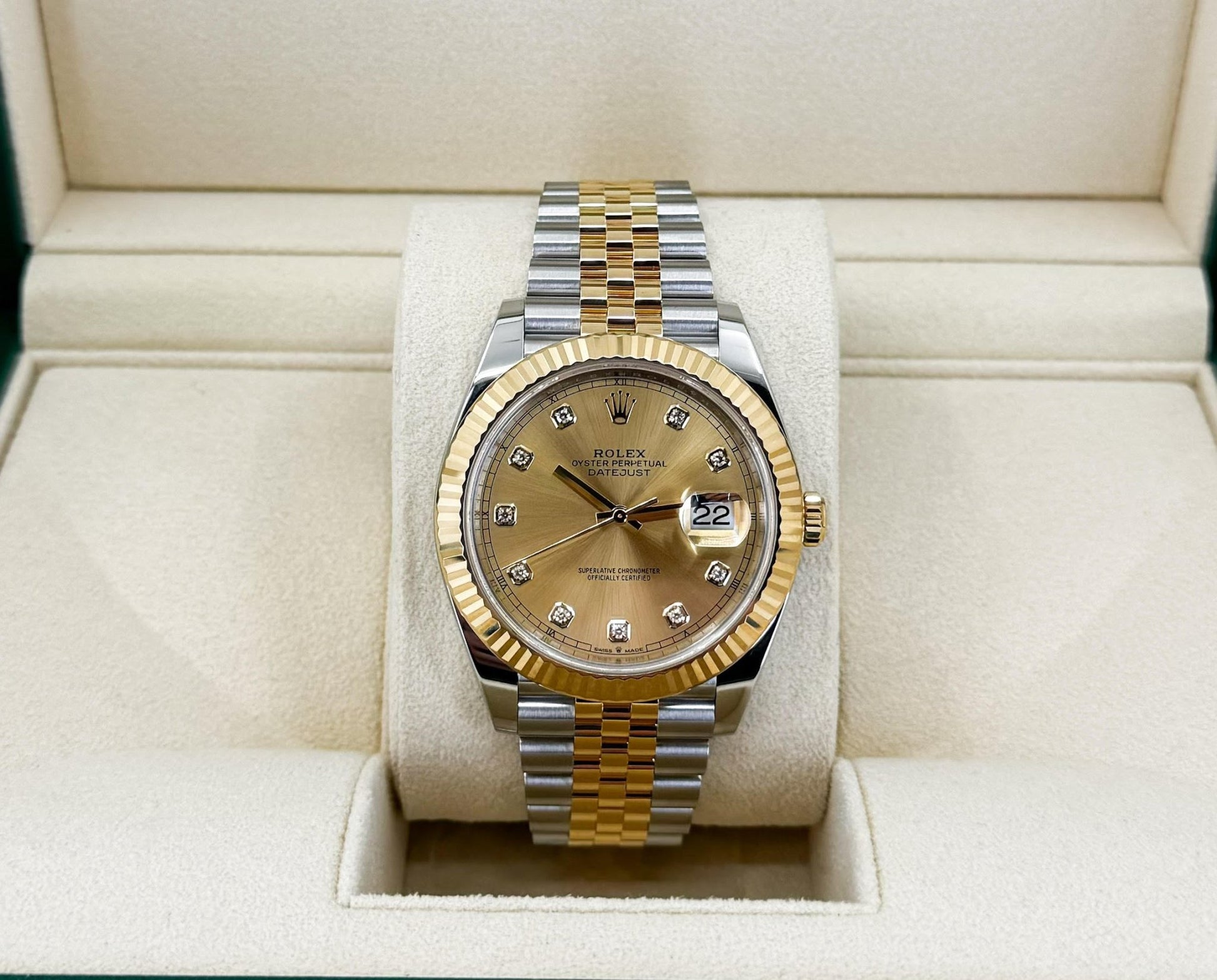 Rolex Datejust 41 Yellow Gold/Steel Champagne Diamond Dial Fluted Bezel Jubilee Bracelet 126333 - Luxury Time NYC