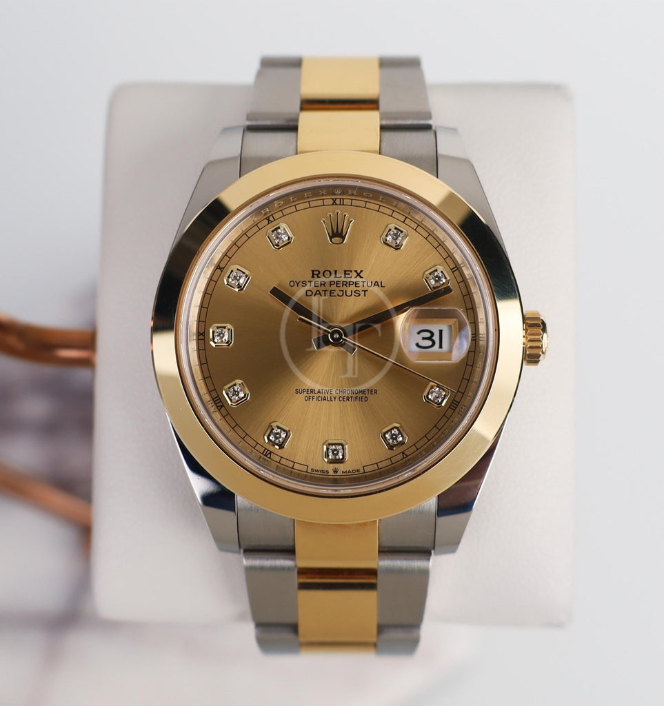 Rolex Datejust 41 Yellow Gold/Steel Champagne Diamond Dial Smooth Bezel Oyster Bracelet 126303 - Luxury Time NYC