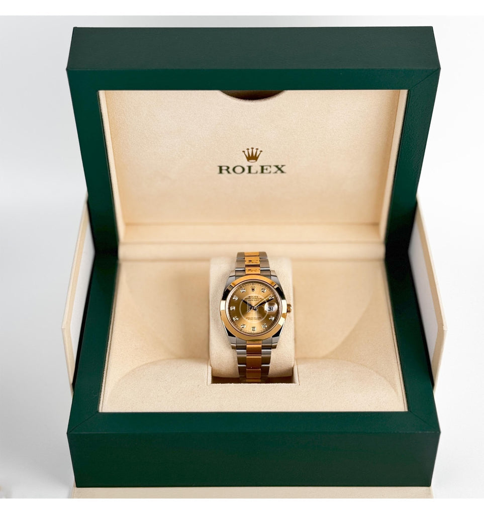 Rolex Datejust 41 Yellow Gold/Steel Champagne Diamond Dial Smooth Bezel Oyster Bracelet 126303 - Luxury Time NYC