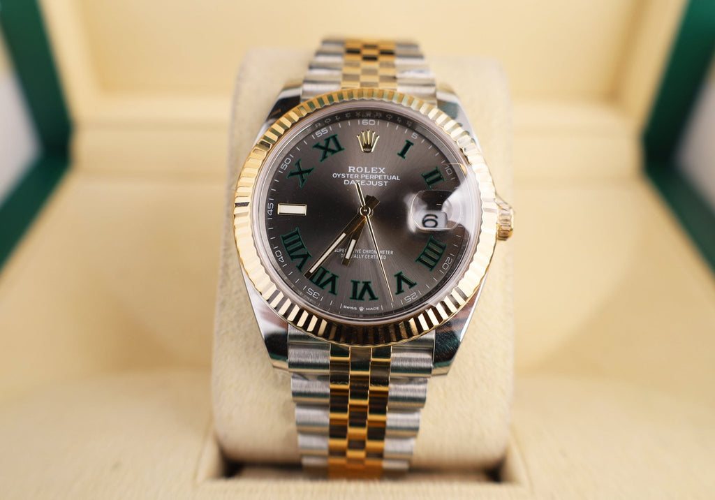 Rolex Datejust 41 Yellow Gold/Steel Slate Roman Dial Fluted Bezel Jubilee Bracelet 126333 - Luxury Time NYC