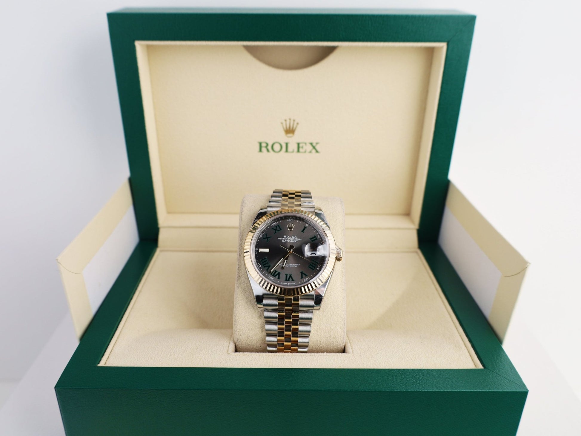 Rolex Datejust 41 Yellow Gold/Steel Slate Roman Dial Fluted Bezel Jubilee Bracelet 126333 - Luxury Time NYC