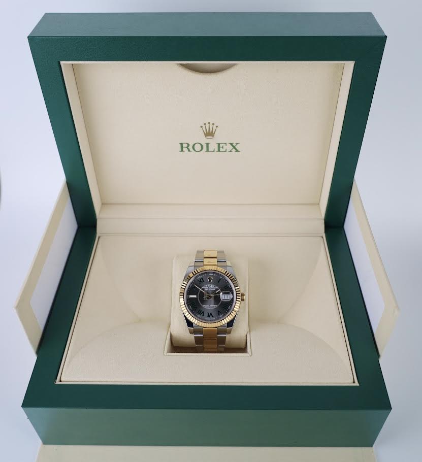 Rolex Datejust 41 Yellow Gold/Steel Slate Roman Dial Fluted Bezel Oyster Bracelet 126333 - Luxury Time NYC