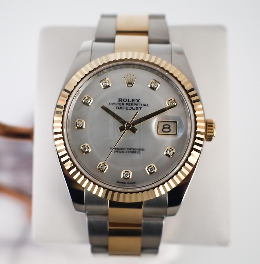 Rolex Datejust 41 Yellow Gold/Steel White Mother of Pearl Diamond Dial Fluted Bezel Oyster Bracelet 126333 - Luxury Time NYC