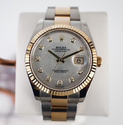 Rolex Datejust 41 Yellow Gold/Steel White Mother of Pearl Diamond Dial Fluted Bezel Oyster Bracelet 126333 - Luxury Time NYC