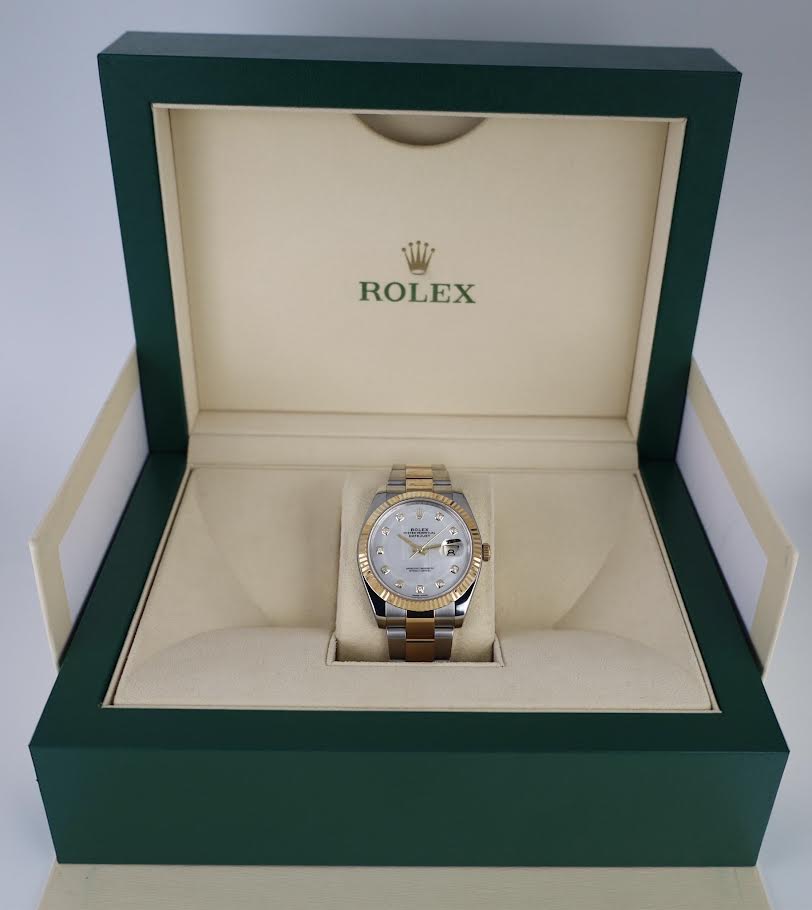 Rolex Datejust 41 Yellow Gold/Steel White Mother of Pearl Diamond Dial Fluted Bezel Oyster Bracelet 126333 - Luxury Time NYC
