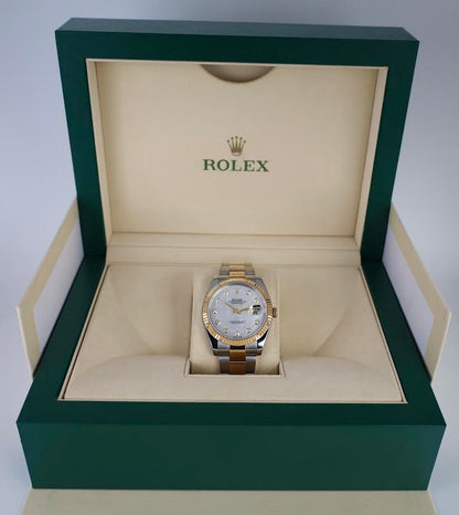 Rolex Datejust 41 Yellow Gold/Steel White Mother of Pearl Diamond Dial Fluted Bezel Oyster Bracelet 126333 - Luxury Time NYC