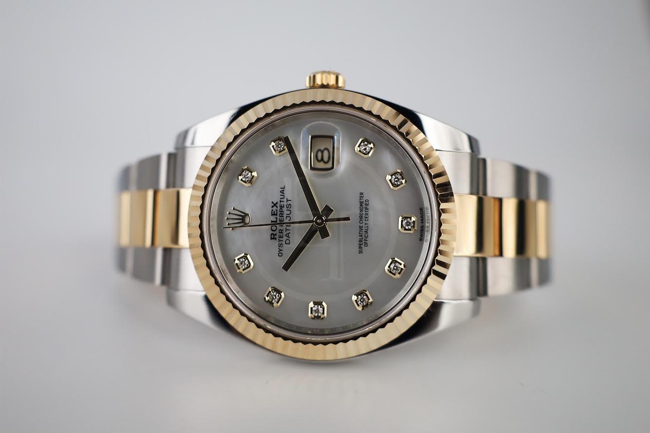 Rolex Datejust 41 Yellow Gold/Steel White Mother of Pearl Diamond Dial Fluted Bezel Oyster Bracelet 126333 - Luxury Time NYC