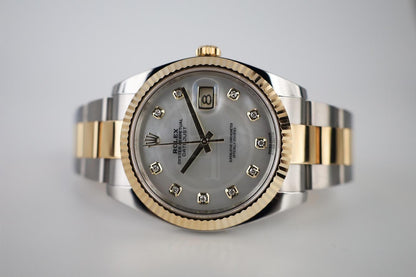 Rolex Datejust 41 Yellow Gold/Steel White Mother of Pearl Diamond Dial Fluted Bezel Oyster Bracelet 126333 - Luxury Time NYC
