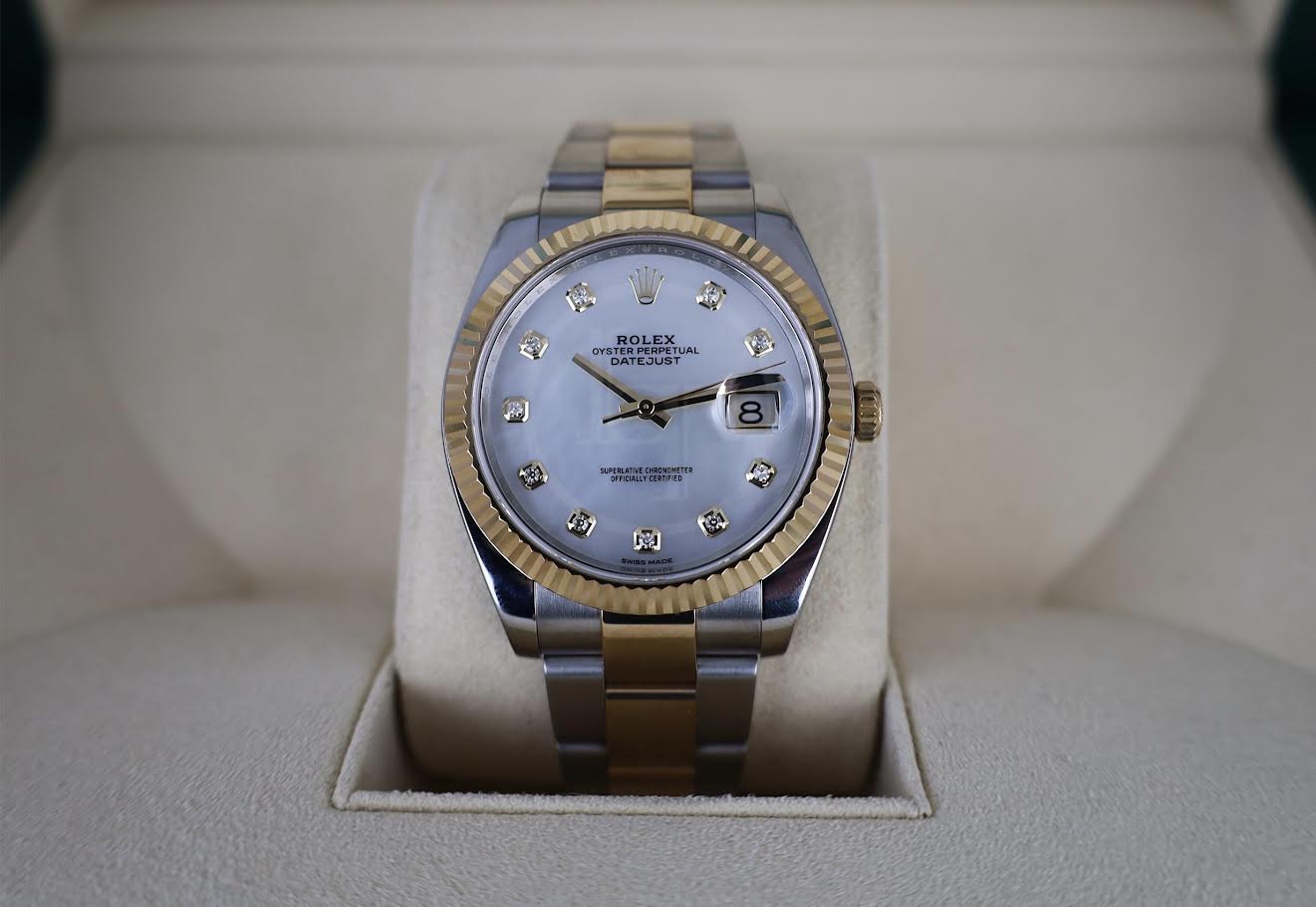Rolex Datejust 41 Yellow Gold/Steel White Mother of Pearl Diamond Dial Fluted Bezel Oyster Bracelet 126333 - Luxury Time NYC