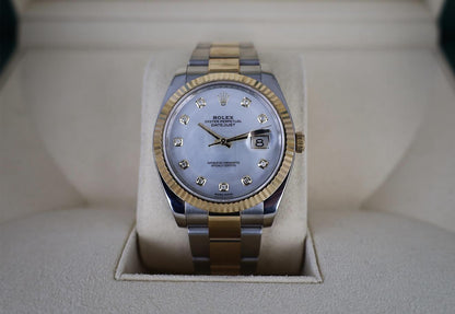 Rolex Datejust 41 Yellow Gold/Steel White Mother of Pearl Diamond Dial Fluted Bezel Oyster Bracelet 126333 - Luxury Time NYC