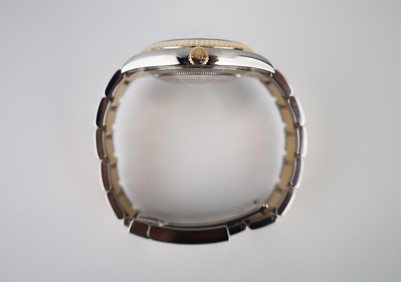 Rolex Datejust 41 Yellow Gold/Steel White Mother of Pearl Diamond Dial Fluted Bezel Oyster Bracelet 126333 - Luxury Time NYC