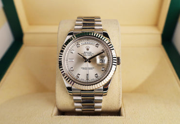 Rolex Day-Date 36 White Gold Silver Diamond Dial & Fluted Bezel Oyster Bracelet 218239 - Luxury Time NYC