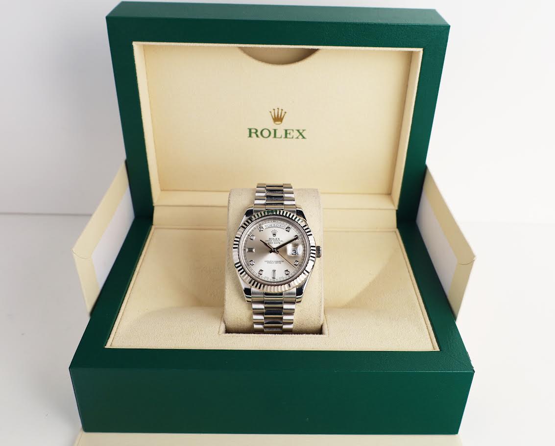 Rolex Day-Date 41mm White Gold Silver Diamond Dial Fluted Bezel