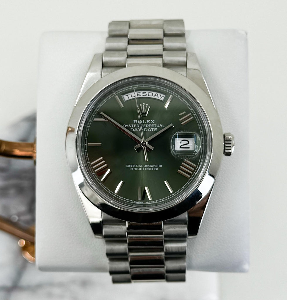 Rolex Day-Date 40 Platinum Olive Green Roman Dial & Smooth Bezel President Bracelet 228206 - Luxury Time NYC