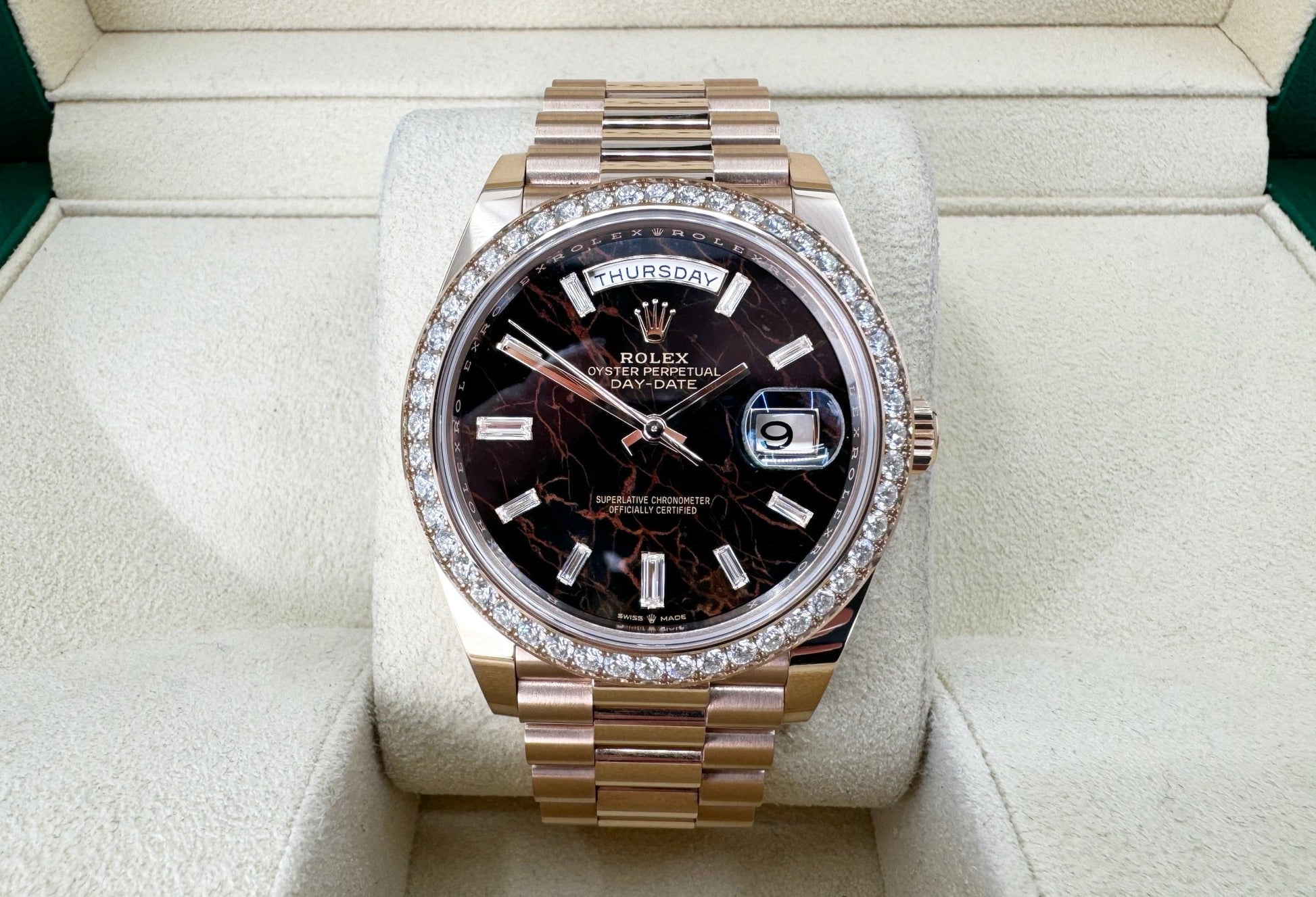 Rolex Day-Date 40 Rose Gold Eisenkiesel Diamond Dial & Diamond Bezel President Bracelet - 228345RBR - Luxury Time NYC