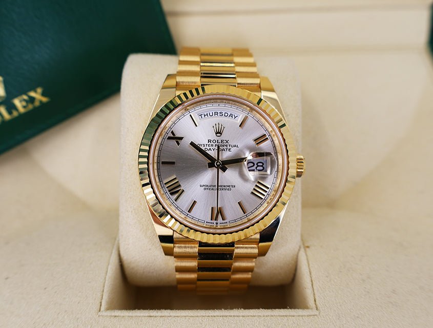 Rolex Day-Date 40 Yellow Gold Silver Roman Dial & Fluted Bezel President Bracelet 228238 - Luxury Time NYC