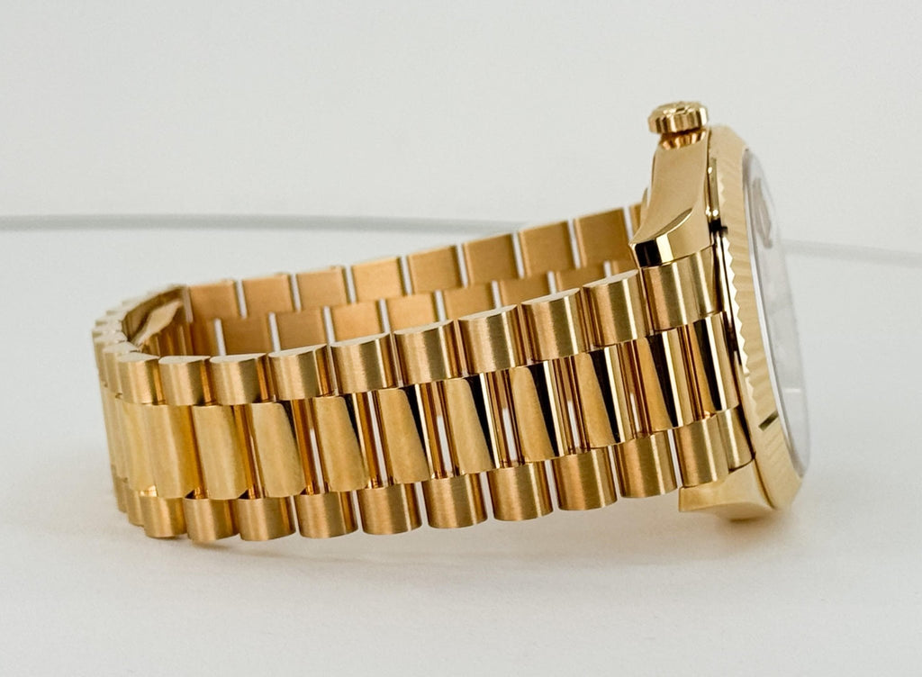 Rolex Day-Date 40 Yellow Gold Silver Roman Dial & Fluted Bezel President Bracelet 228238 - Luxury Time NYC