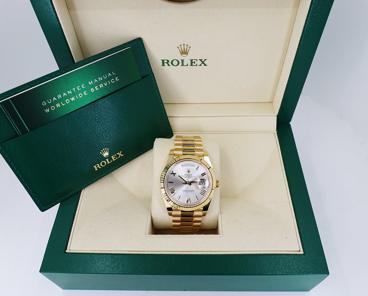 Rolex Day-Date 40 Yellow Gold Silver Roman Dial & Fluted Bezel President Bracelet 228238 - Luxury Time NYC