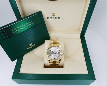 Rolex Day-Date 40 Yellow Gold Silver Roman Dial & Fluted Bezel President Bracelet 228238 - Luxury Time NYC