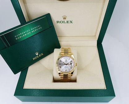 Rolex Day-Date 40 Yellow Gold Silver Roman Dial & Fluted Bezel President Bracelet 228238 - Luxury Time NYC