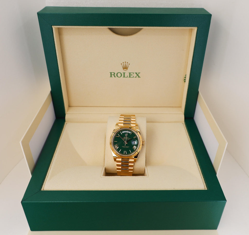 Rolex Day-Date 40 Yellow Gold Watch - Fluted Bezel - Green Roman Dial - President Bracelet - 228238 grrp - Luxury Time NYC