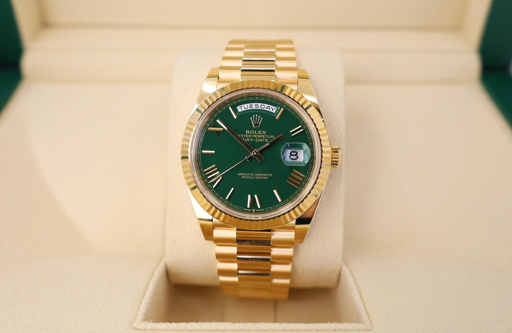 Rolex Day-Date 40 Yellow Gold Watch - Fluted Bezel - Green Roman Dial - President Bracelet - 228238 grrp - Luxury Time NYC