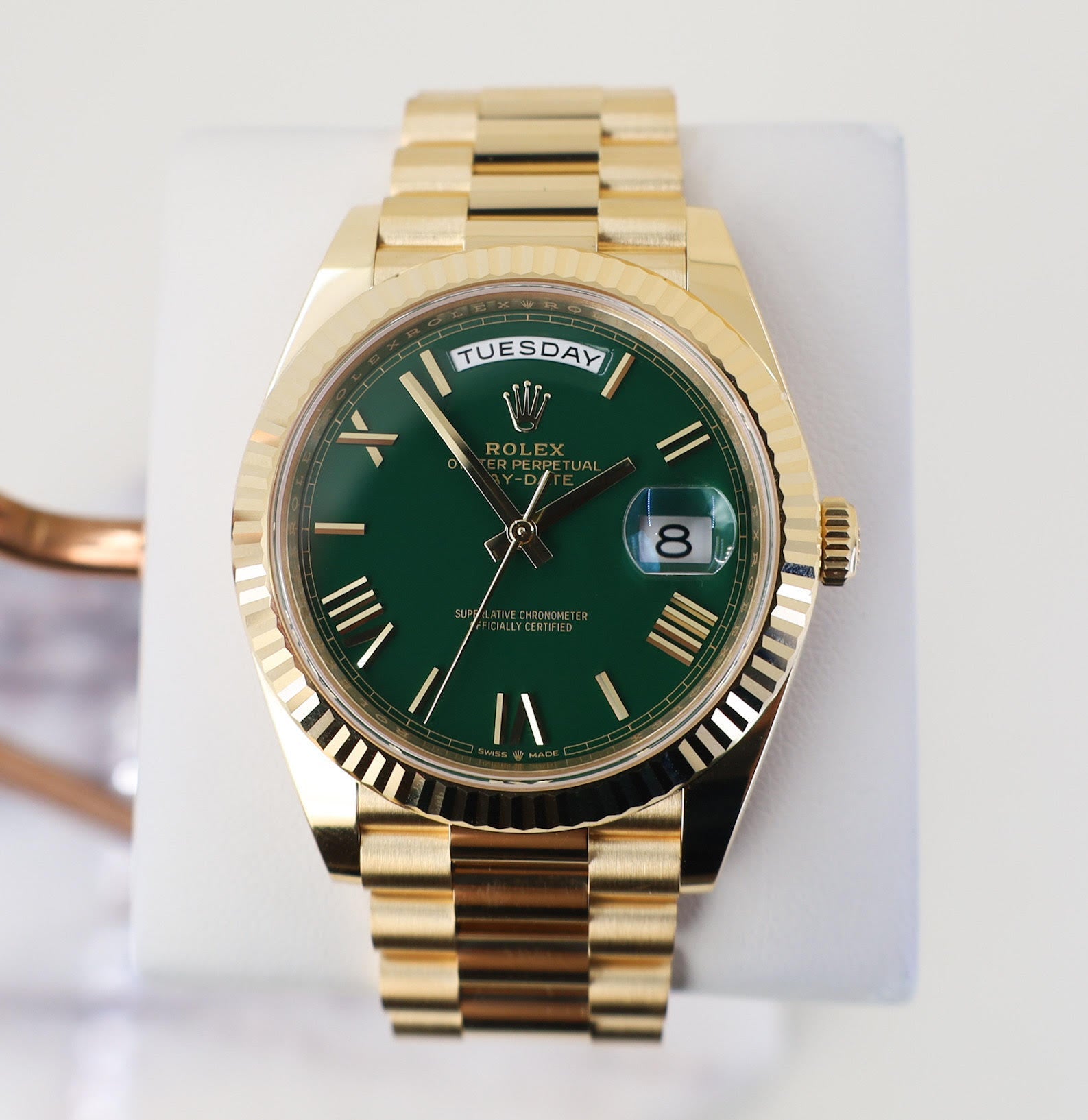 Rolex Day-Date 40 Yellow Gold Watch - Fluted Bezel - Green Roman Dial - President Bracelet - 228238 grrp - Luxury Time NYC