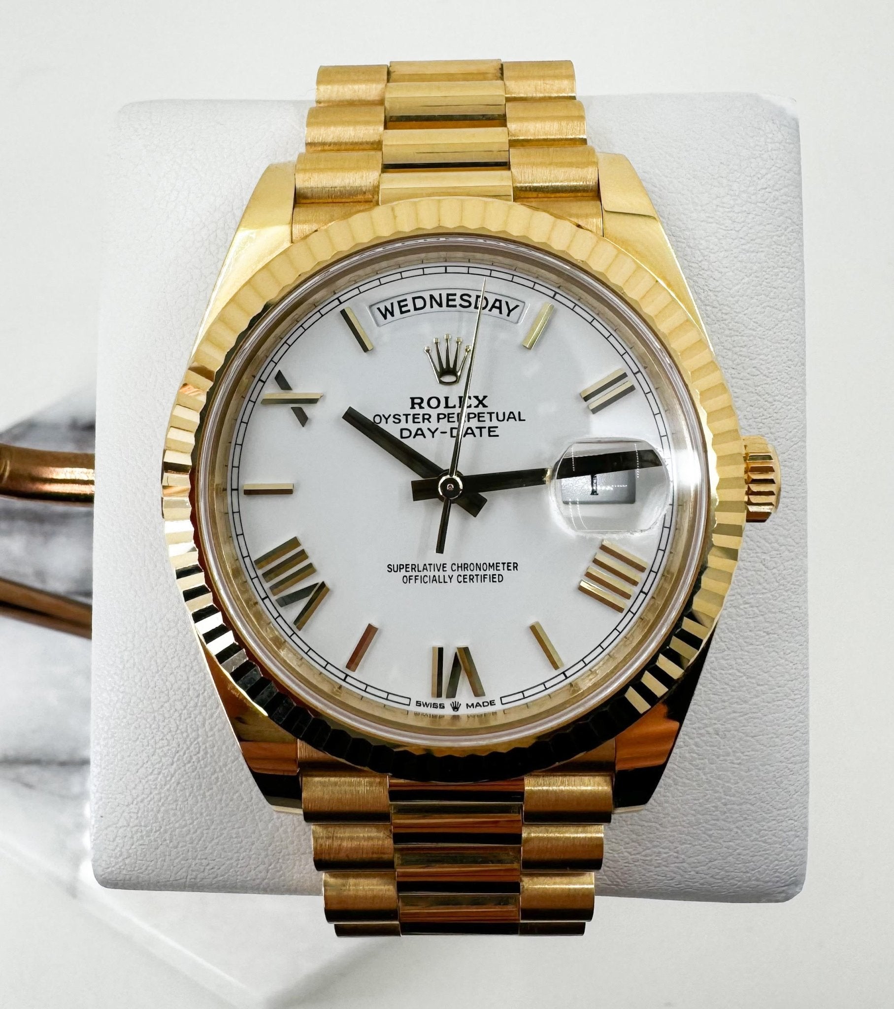 Rolex Day-Date 40 Yellow Gold White Roman Dial & Fluted Bezel President Bracelet 228238 - Luxury Time NYC