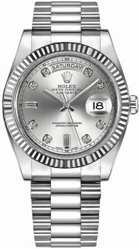Rolex Day-Date 41mm White Gold Silver Diamond Dial & Fluted Bezel Oyster Bracelet 218239