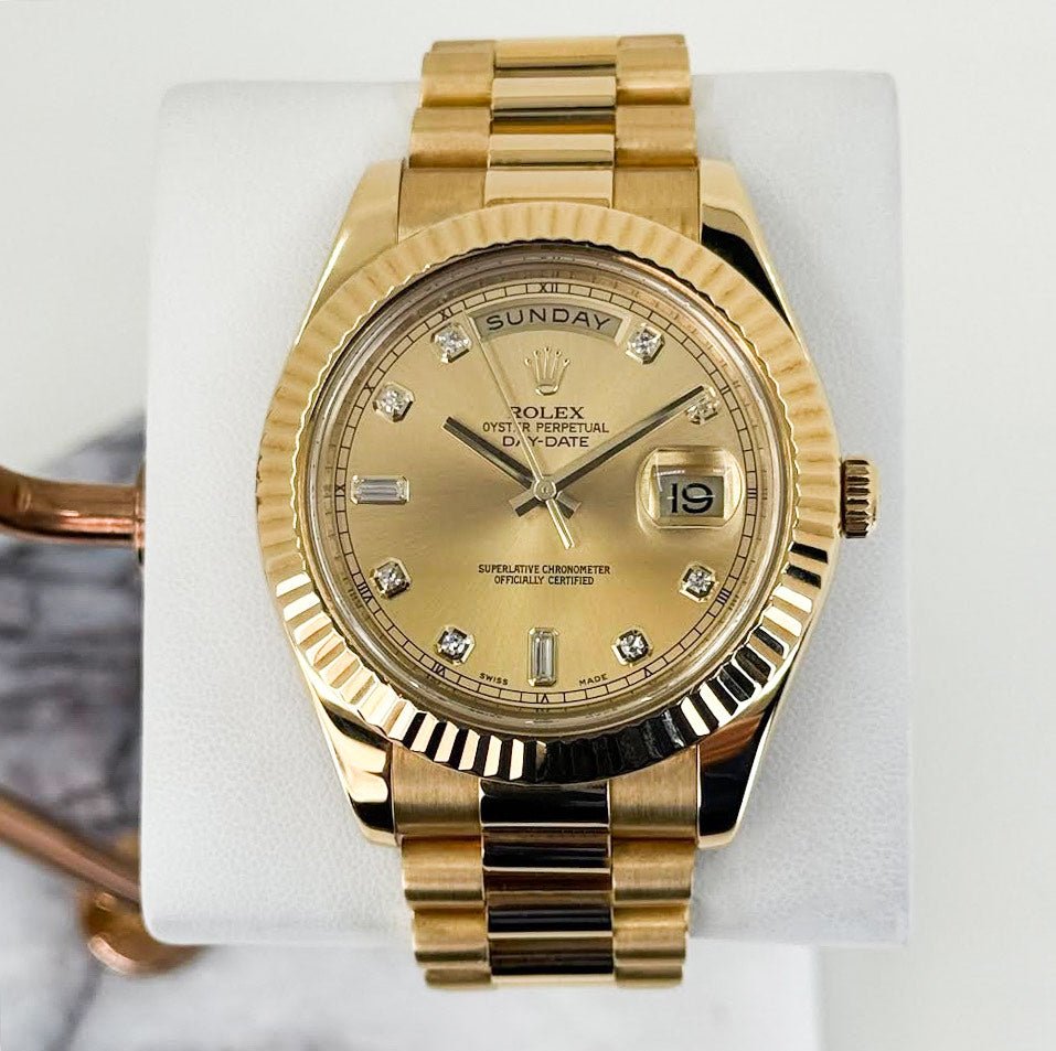 Rolex Day-Date 41 Yellow Gold Champagne Diamond Dial & Fluted Bezel President Bracelet - 218238 - Luxury Time NYC