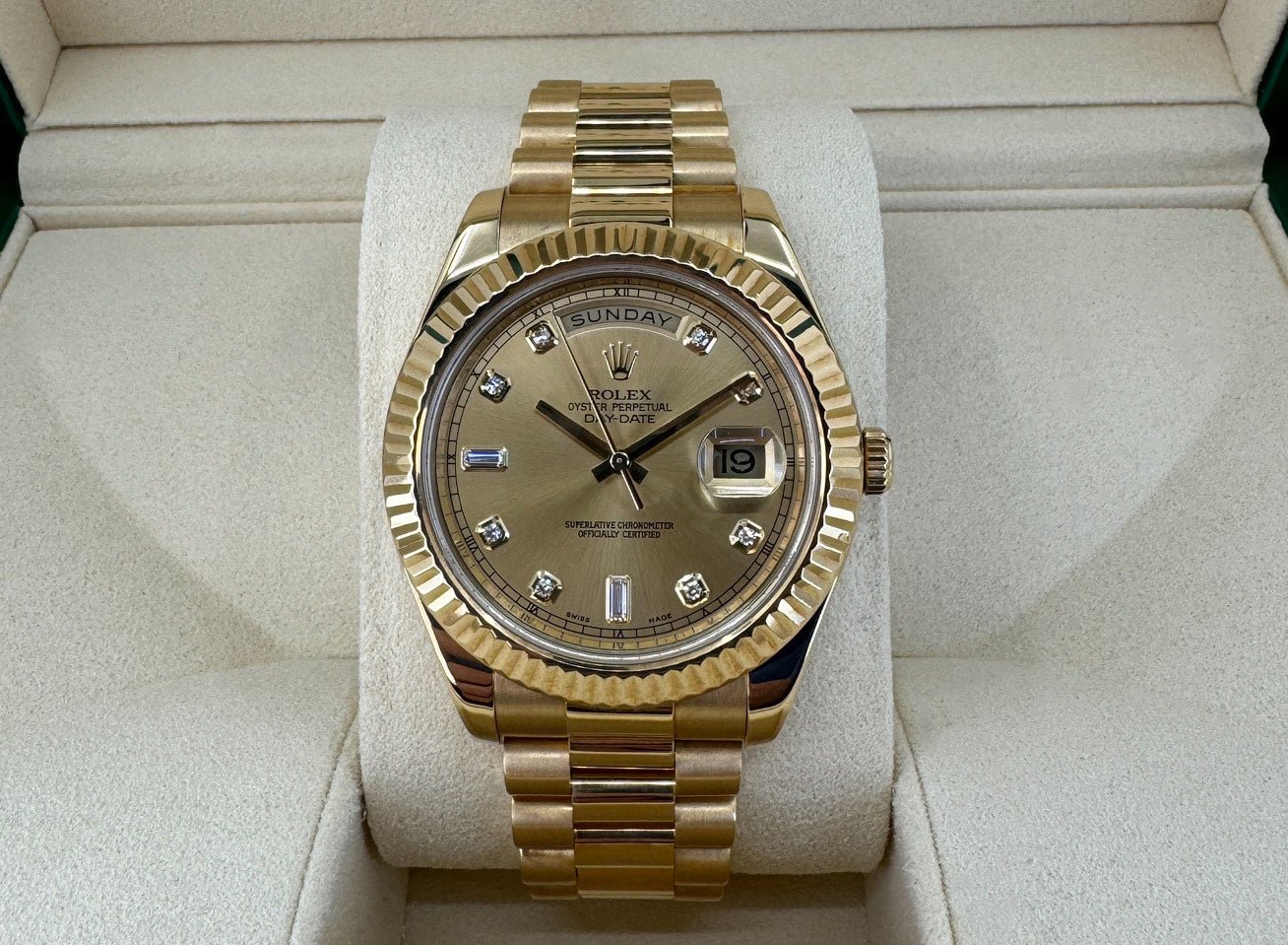 Rolex Day-Date 41 Yellow Gold Champagne Diamond Dial & Fluted Bezel President Bracelet - 218238 - Luxury Time NYC