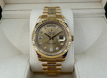 Rolex Day-Date 41 Yellow Gold Champagne Diamond Dial & Fluted Bezel President Bracelet - 218238 - Luxury Time NYC