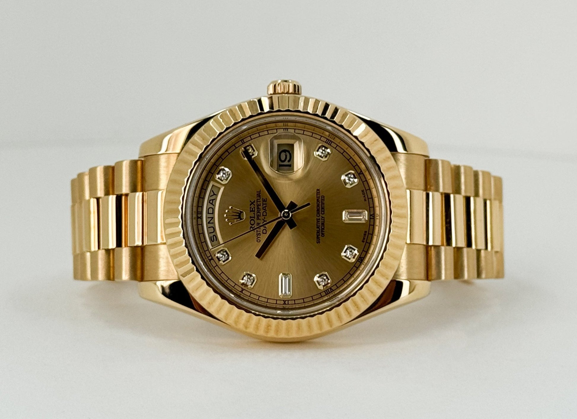 Rolex Day-Date 41 Yellow Gold Champagne Diamond Dial & Fluted Bezel President Bracelet - 218238 - Luxury Time NYC
