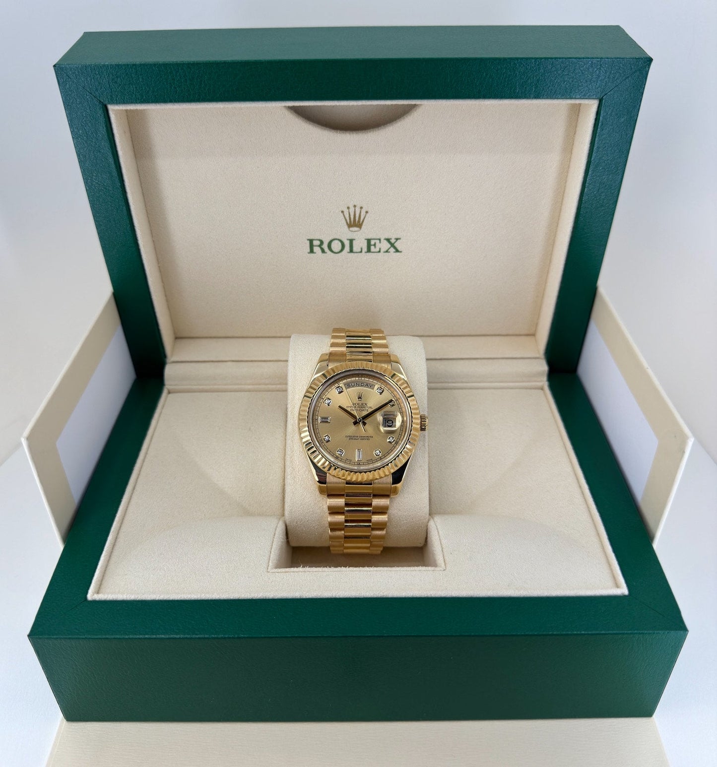 Rolex Day-Date 41 Yellow Gold Champagne Diamond Dial & Fluted Bezel President Bracelet - 218238 - Luxury Time NYC