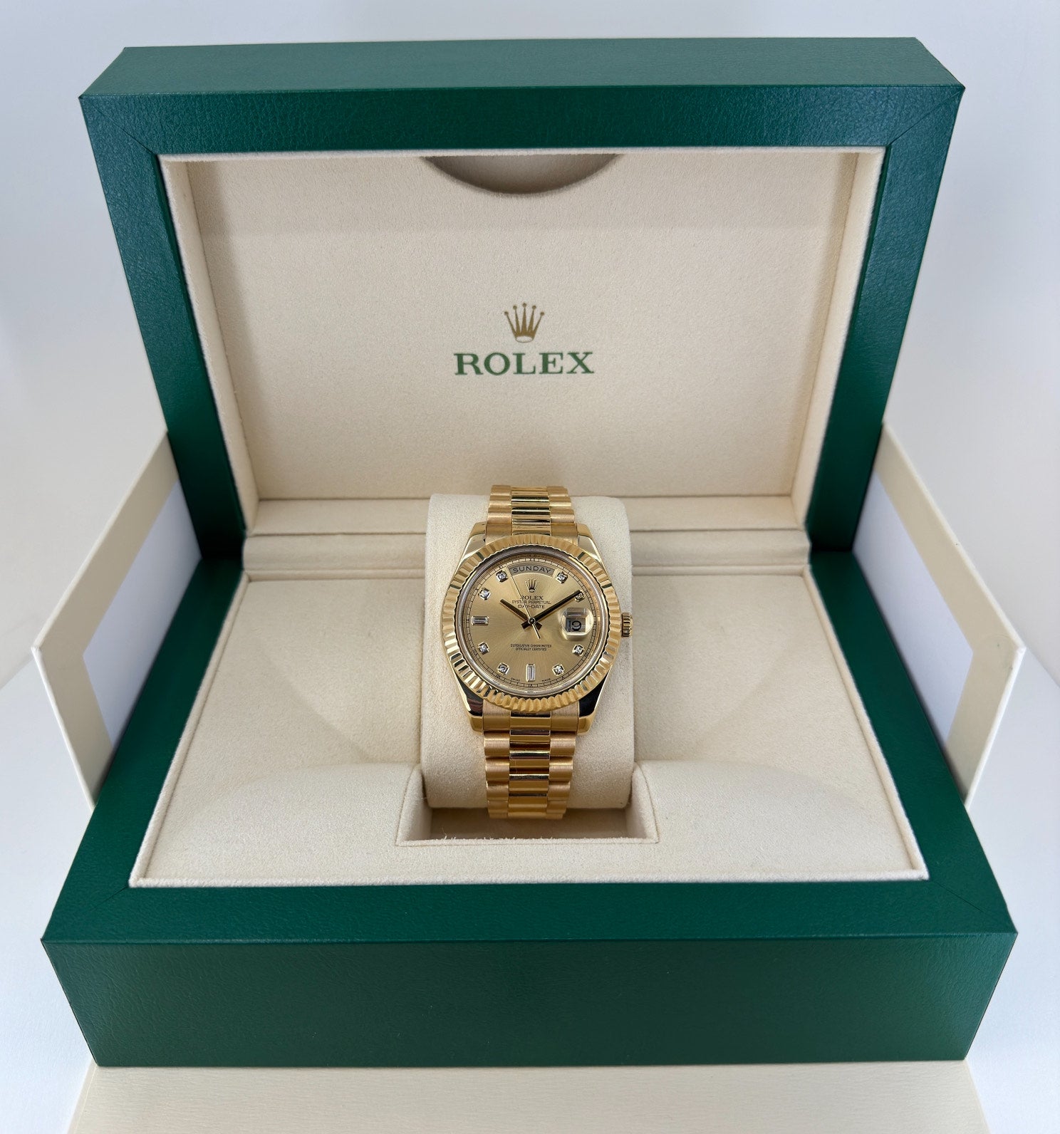 Rolex Day-Date 41 Yellow Gold Champagne Diamond Dial & Fluted Bezel President Bracelet - 218238 - Luxury Time NYC