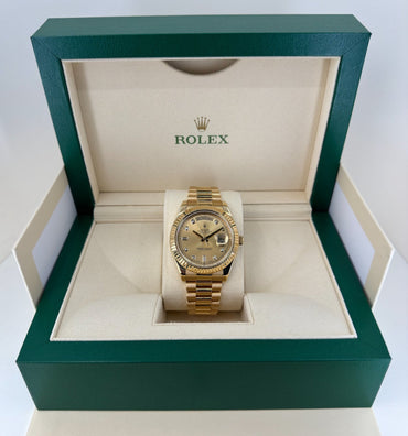 Rolex Day-Date 41 Yellow Gold Champagne Diamond Dial & Fluted Bezel President Bracelet - 218238 - Luxury Time NYC