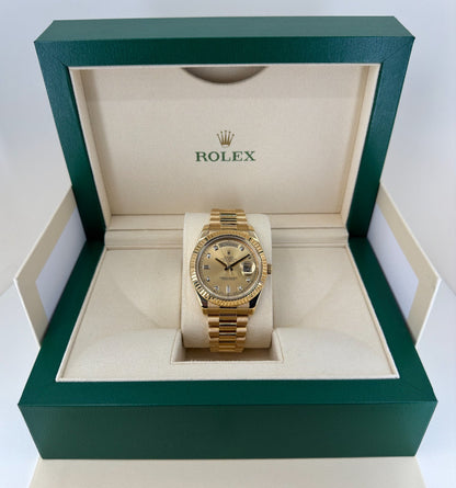 Rolex Day-Date 41 Yellow Gold Champagne Diamond Dial & Fluted Bezel President Bracelet - 218238 - Luxury Time NYC