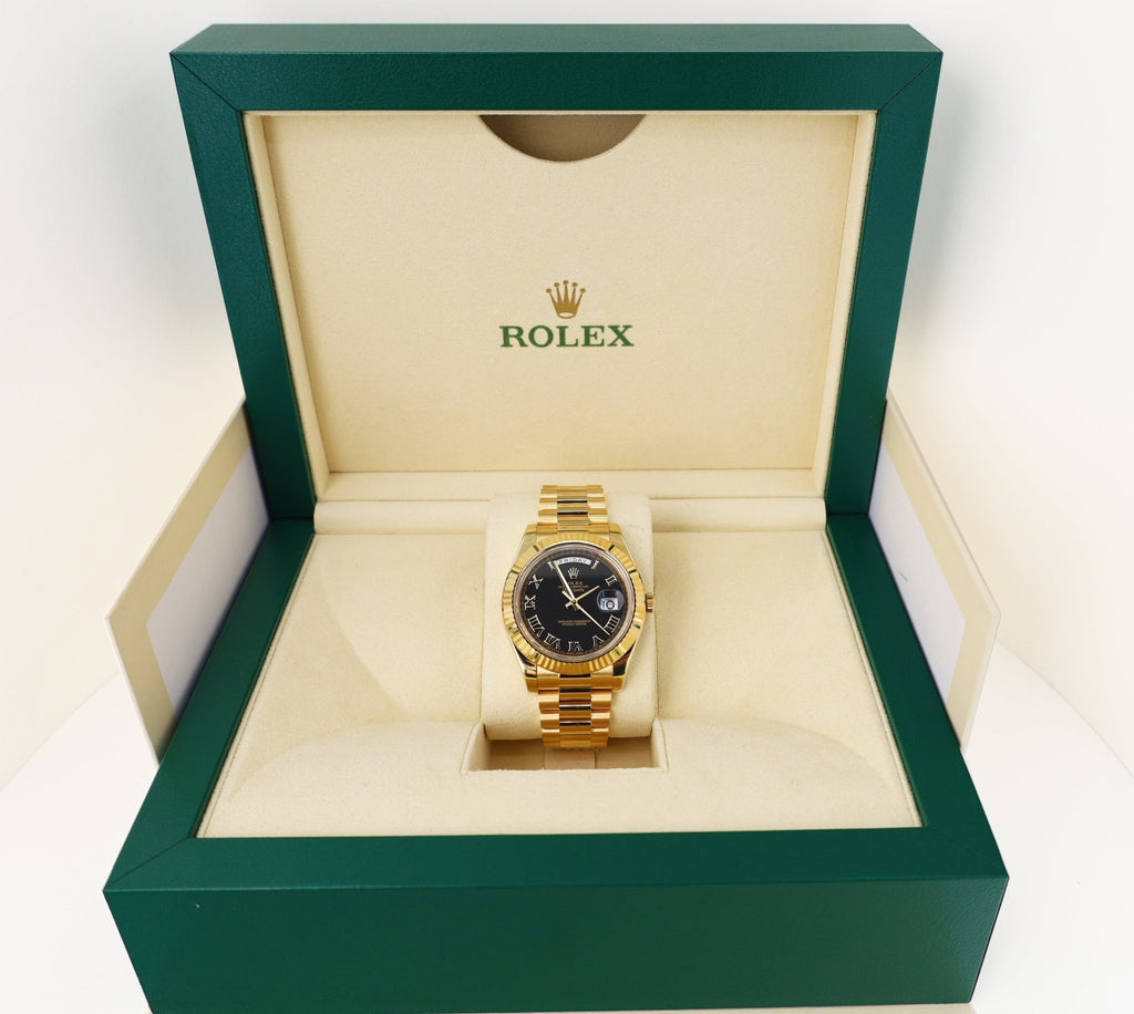 Rolex Day-Date II Yellow Gold 41mm Black Roman Fluted President Bracelet 218238 - Luxury Time NYC