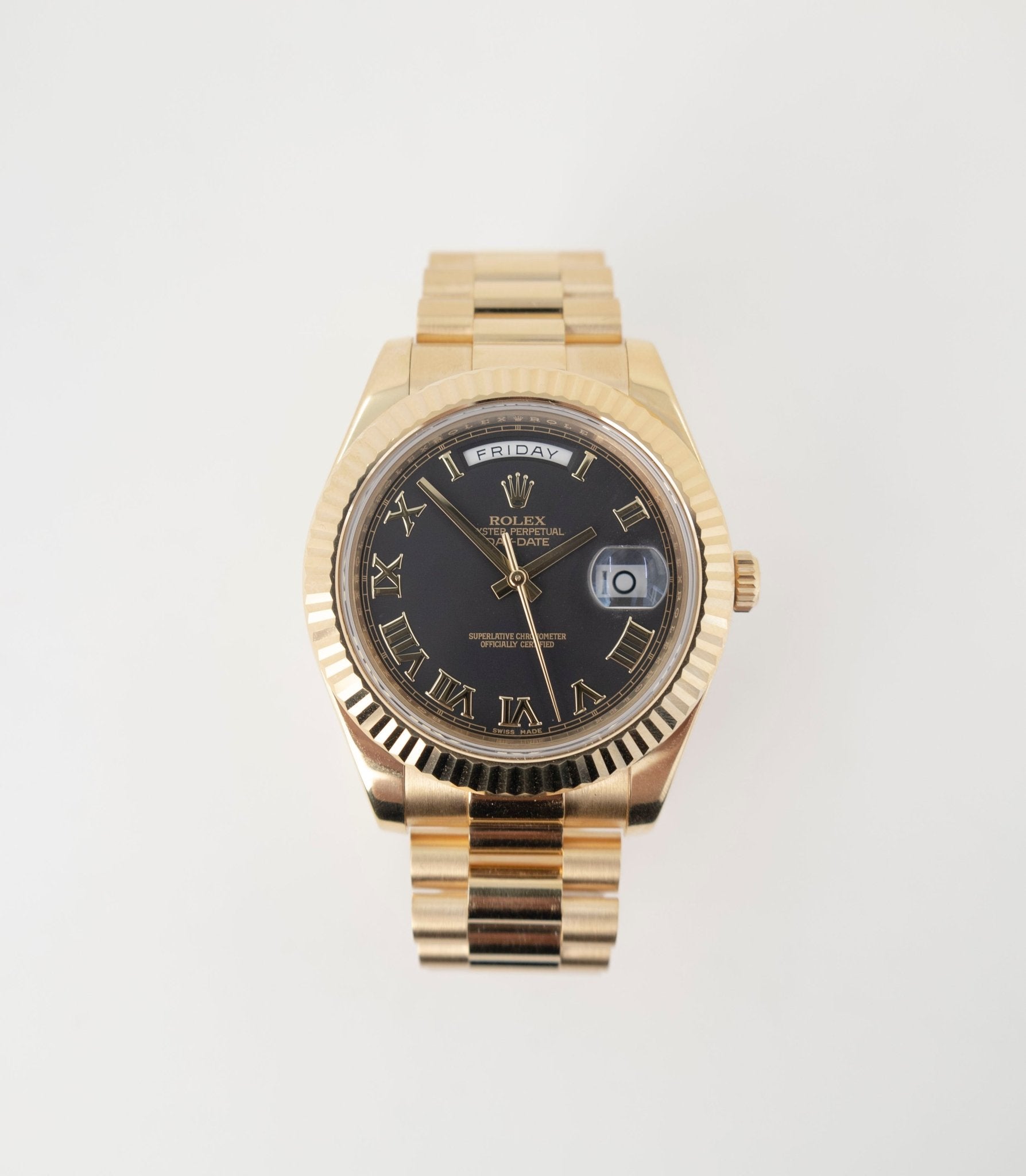 Rolex Day-Date II Yellow Gold 41mm Black Roman Fluted President Bracelet 218238 - Luxury Time NYC