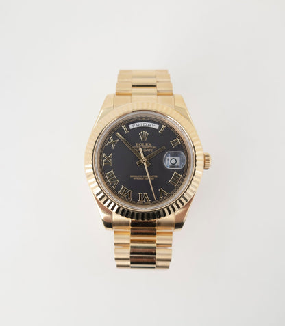 Rolex Day-Date II Yellow Gold 41mm Black Roman Fluted President Bracelet 218238 - Luxury Time NYC