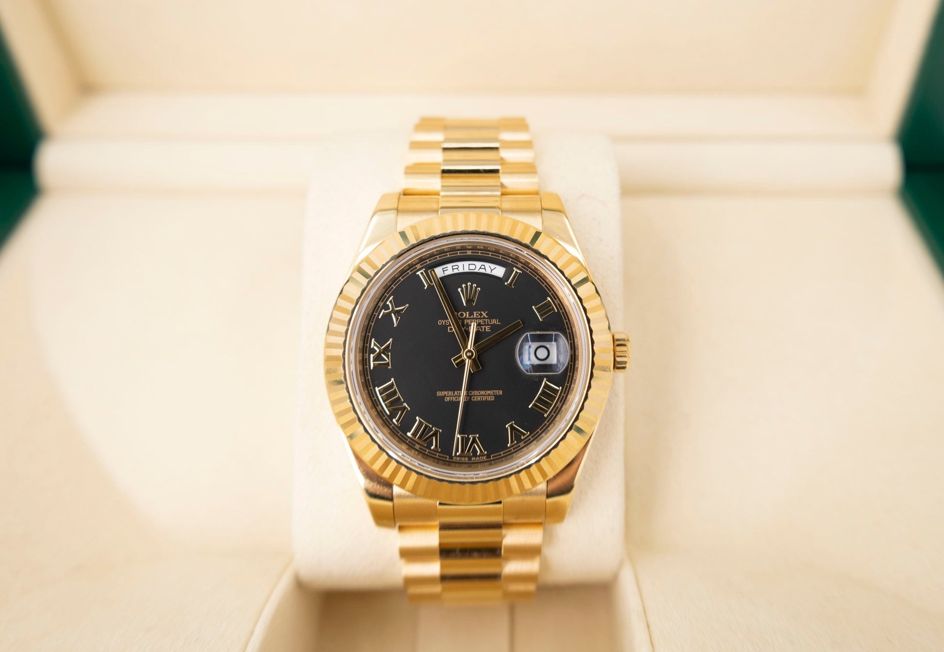 Rolex Day-Date II Yellow Gold 41mm Black Roman Fluted President Bracelet 218238 - Luxury Time NYC