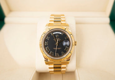Rolex Day-Date II Yellow Gold 41mm Black Roman Fluted President Bracelet 218238 - Luxury Time NYC