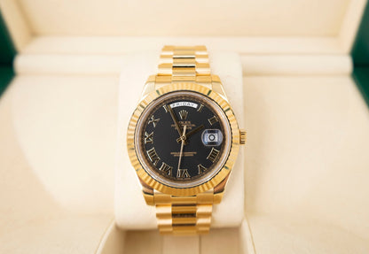 Rolex Day-Date II Yellow Gold 41mm Black Roman Fluted President Bracelet 218238 - Luxury Time NYC