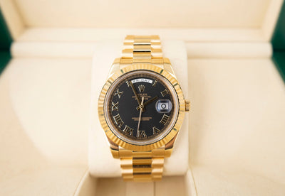 Rolex Day-Date II Yellow Gold 41mm Black Roman Fluted President Bracelet 218238 - Luxury Time NYC