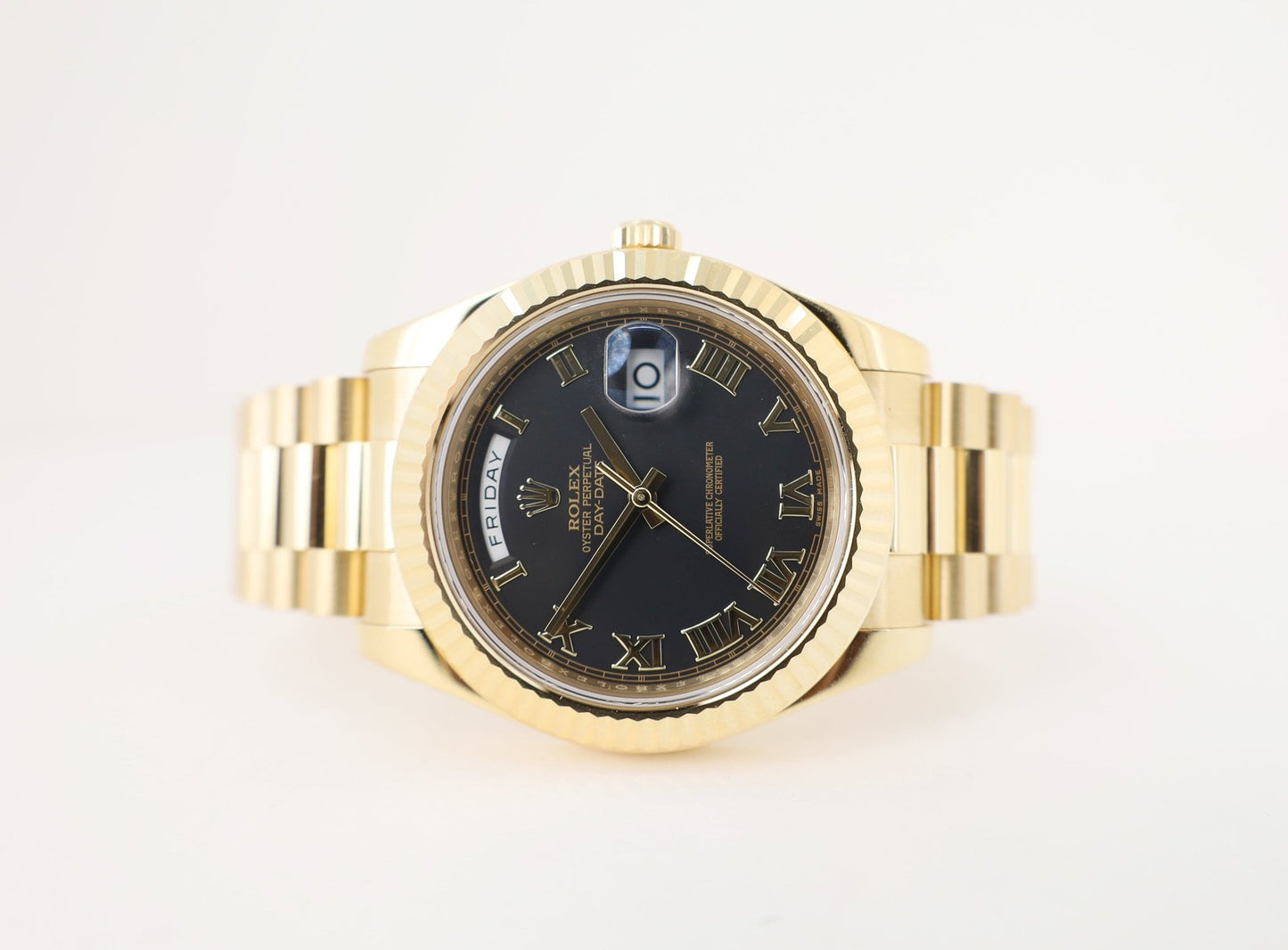 Rolex Day-Date II Yellow Gold 41mm Black Roman Fluted President Bracelet 218238 - Luxury Time NYC