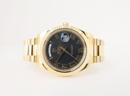 Rolex Day-Date II Yellow Gold 41mm Black Roman Fluted President Bracelet 218238 - Luxury Time NYC