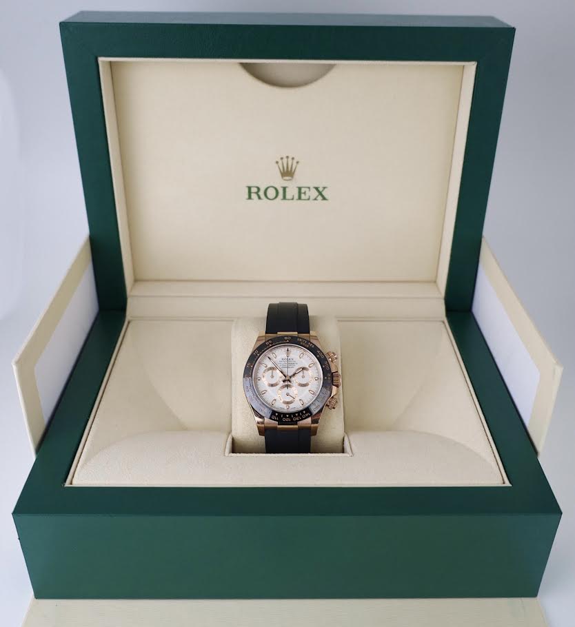 Rolex Daytona Rose Gold Ivory Index Dial Ceramic Bezel Oysterflex Rubber Bracelet 116515LN - Luxury Time NYC