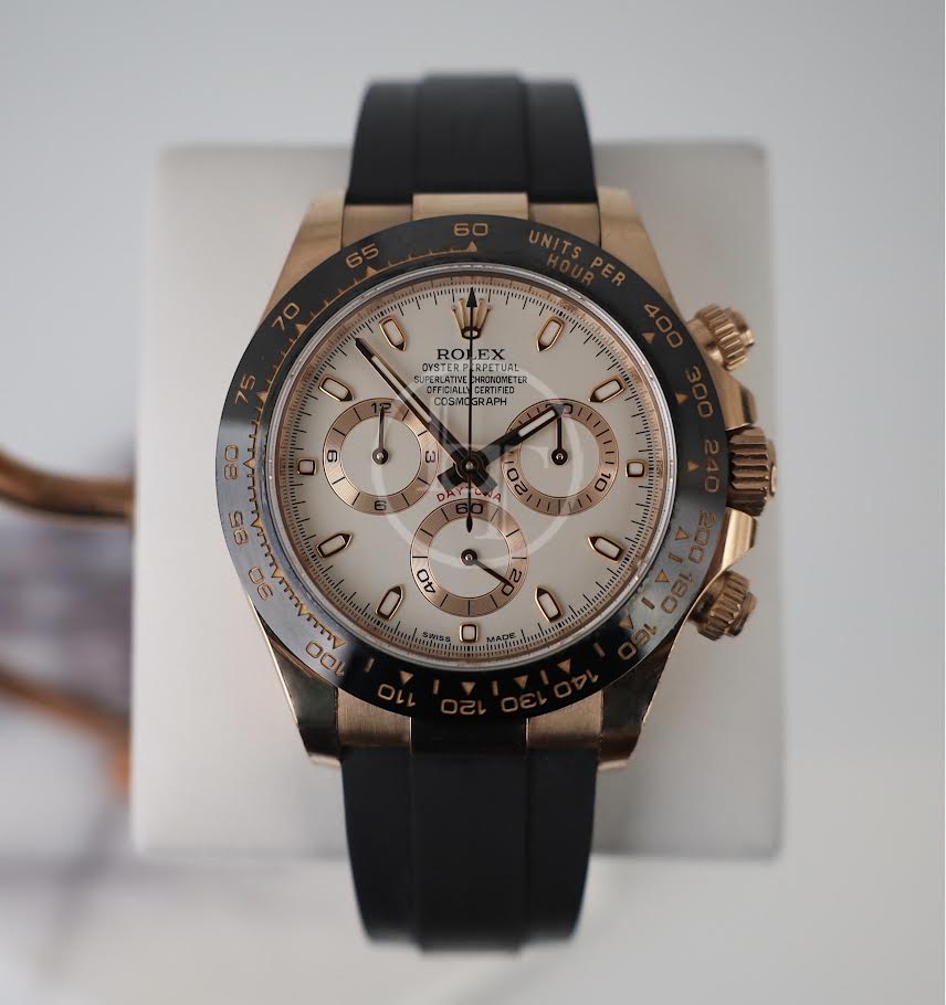 Rolex Daytona Rose Gold Ivory Index Dial Ceramic Bezel Oysterflex Rubber Bracelet 116515LN - Luxury Time NYC