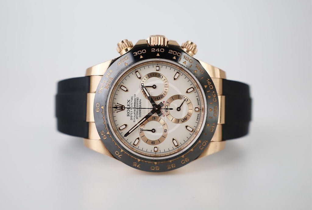 Rolex Daytona Rose Gold Ivory Index Dial Ceramic Bezel Oysterflex Rubber Bracelet 116515LN - Luxury Time NYC