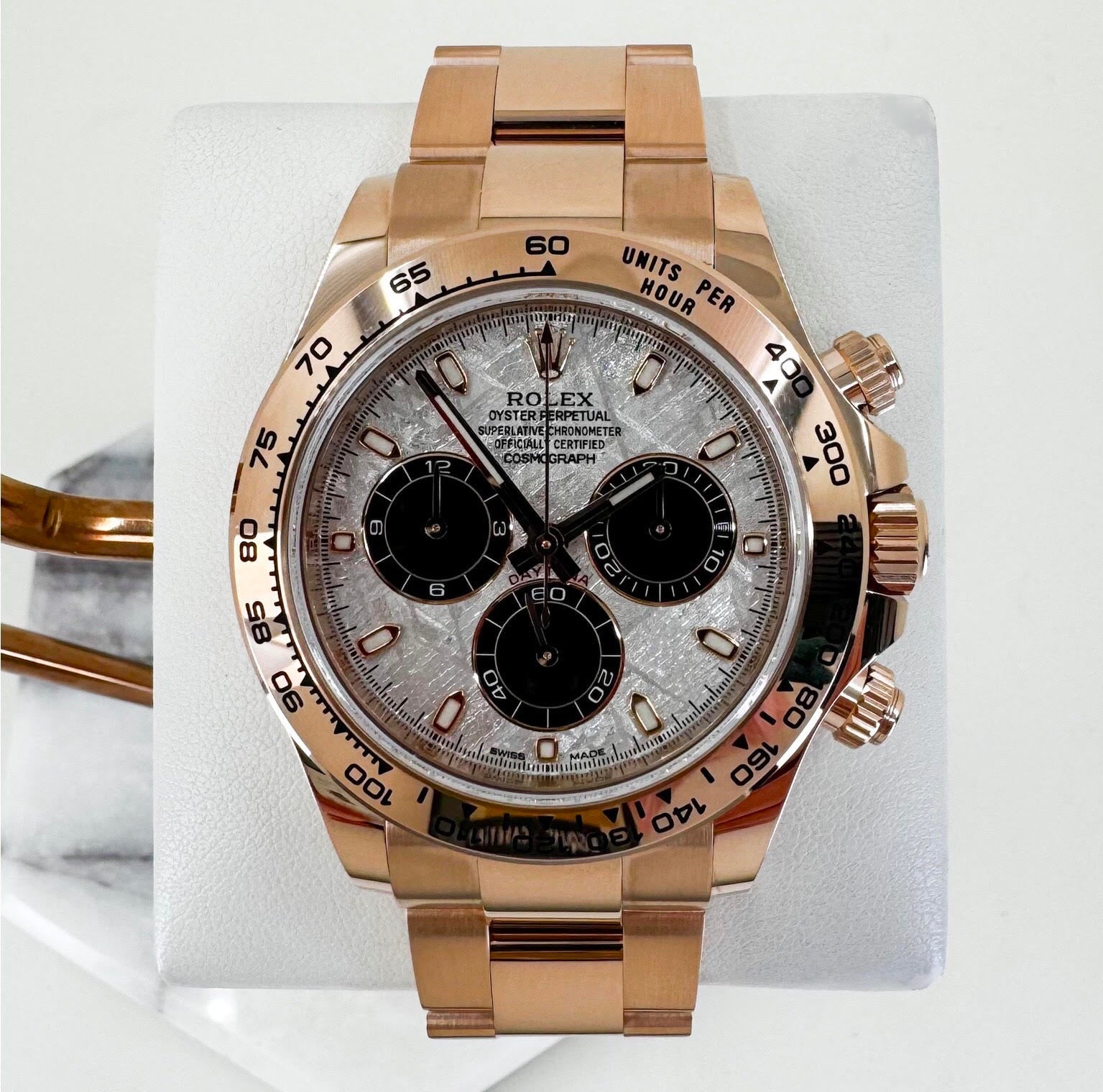 Rolex Daytona Rose Gold Meteorite and Black Subdials Dial Index Dial Gold Bezel Oyster Bracelet 116505 - Luxury Time NYC